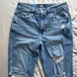 Hollister Distressed Blue Denim Ultra High-Rise Mom Jeans Vintage Stretch Floral